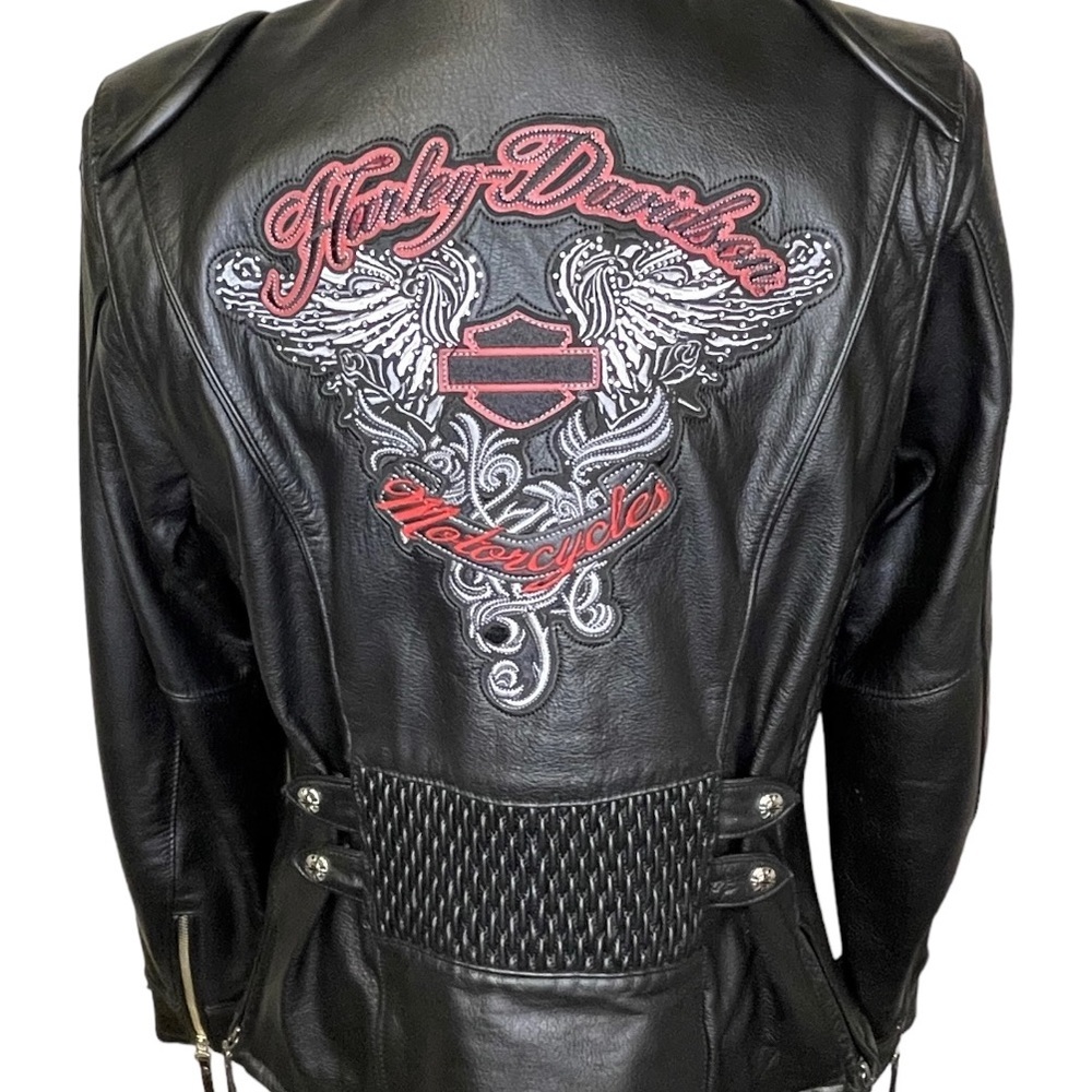 Harley-Davidson Black Leather Jacket with Red and White Embroidery
